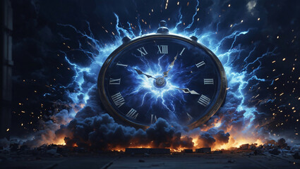 Time is running out as the clock ticks in this alarming image. Time is money, as the lightning storm clock image shows, and time is of the essence. Use the countdown timer to reach the deadline - obrazy, fototapety, plakaty