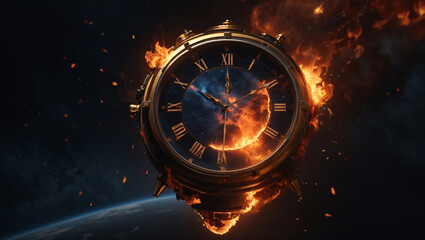 Clock and fire Time is running out as the clock burns in this alarming image Time is money, as seen in the blazing clock image, and time is running out. Deadline Countdown Basics Managing time - obrazy, fototapety, plakaty