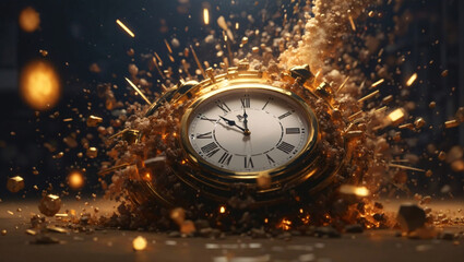 Naklejka na ściany i meble Alarm Clock on explosion running out of time , time's burning end in explosion clock image, time is money concept.