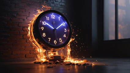 The principle of time value. time Time is burning out in a fiery clock due to the burning clock....