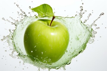 A white background with a vivid green apple and a splash. Generative AI - obrazy, fototapety, plakaty