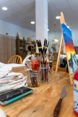 Painting Workshop. Tools and brushes for painting classes.