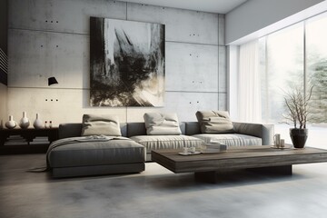 Gray sofa, slim table, concrete floor, white interior living. Generative AI