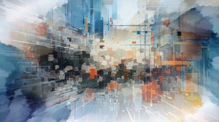 AI-generated abstract illustration featuring radiating shapes in blue and orange. MidJourney.