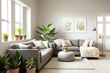 Living room with cozy grey sofa in a loft style interior with potted plants. Close up