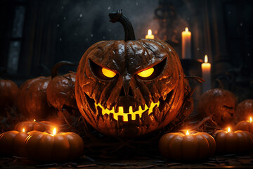 Halloween Pumpkin Head Jack-o'-lantern with Burning Candle