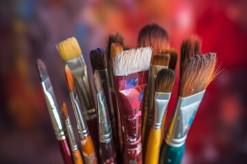 Fototapeta premium A bunch of brushes for painting with oil and acrylic paints. Artist paintbrushes in a artist studio.