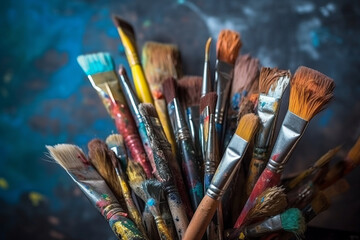 Fototapeta premium A bunch of brushes for painting with oil and acrylic paints. Artist paintbrushes in a artist studio.
