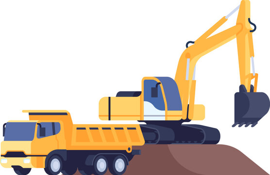 Construction process. Excavator and truck. Machinery digging architecture foundation. House building. Heavy vehicles. Digger excavating ground and loading into lorry. Vector concept