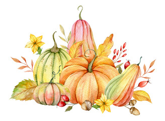 Autumn Thanksgiving Watercolor Pumpkins with leaves and harvest on white background. Fall floral arrangement with Pumpkins, Berries and Leaves