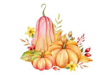 Autumn Thanksgiving Watercolor Pumpkins with leaves and harvest on white background. Fall floral arrangement with Pumpkins, Berries and Leaves