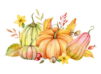Autumn Thanksgiving Watercolor Pumpkins with leaves and harvest on white background. Fall floral arrangement with Pumpkins, Berries and Leaves