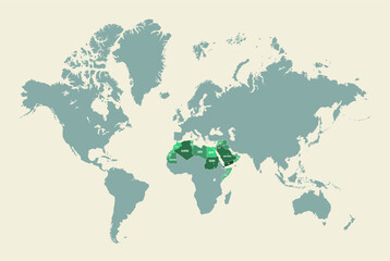 Map of Arab world. Islamic geography, Arab-speaking countries bridging East Africa to Asia. Vector infographic illustration