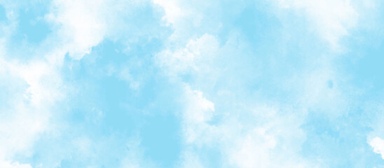 blue sky with clouds. Light sky blue shades watercolor background. Sky Nature Landscape Background. sky background with white fluffy clouds.><	