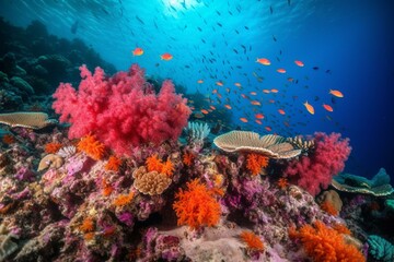 Naklejka na ściany i meble An image showcasing a vibrant underwater scene of a red coral reef with lively damsel fishes and beautiful corals. Generative AI
