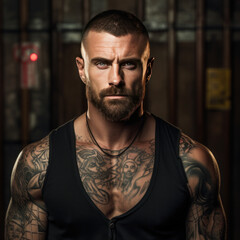 Obraz premium A bad boy biker, tattooed, short hair, seductive look