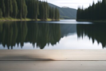 a wooden surface near the edge of a calm, reflective lake, a wooden podium, a tabletop, high-quality