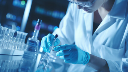 Female doctor working with syringe needle and ampoule of medicine. A scientist in sterile clothes is making a vaccine drug. Generative AI