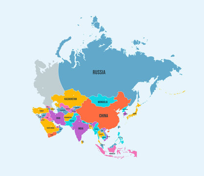 Asia continent political map. Tapestry of Asia with country borders and names isolated vector infographic illustration