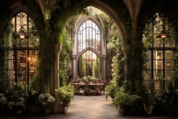Exquisite interior with plants, arches, and lanterns. Generative AI