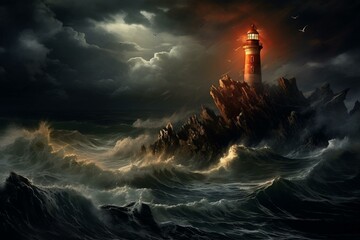 A Halloween lighthouse in a stormy scene. Generative AI - obrazy, fototapety, plakaty