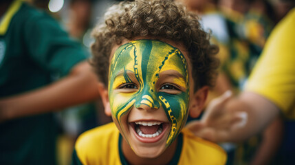Face of young happy boy with face art. Soccer team fan, sport event, faceart and patriotism concept. Studio shot copy space. Brazilian color green and yellow