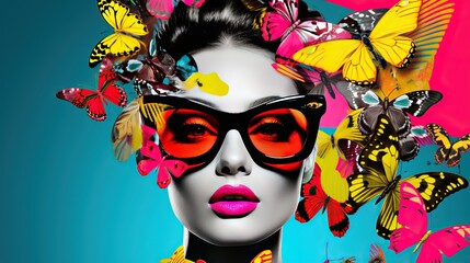 Fototapeta na wymiar Fashion model with butterfly pop art collage style in neon color