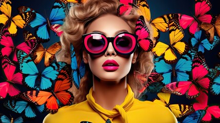 Fashion model with butterfly pop art collage style in neon color - obrazy, fototapety, plakaty