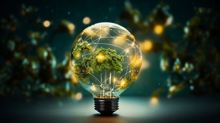 Glass globe with a glowing filament made of interconnected renewable energy symbols, symbolizing the interdependence of clean power sources