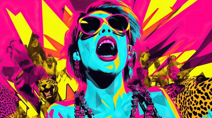 Fashion model with sunglass pop art collage style in neon color
