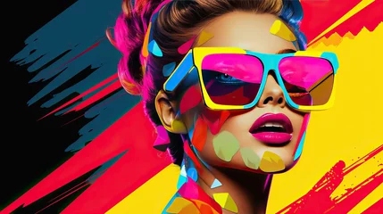 Fashion model with sunglass pop art collage style in neon color © thesweetsheep