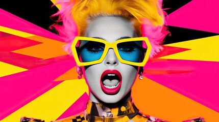 Fashion model with sunglass pop art collage style in neon color - obrazy, fototapety, plakaty