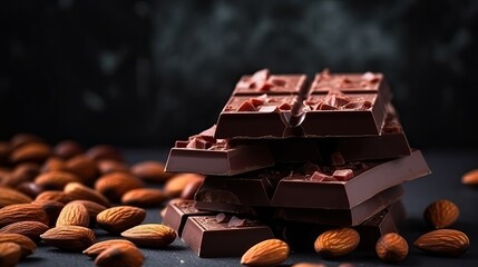 Chocolate pieces with almond on dark background