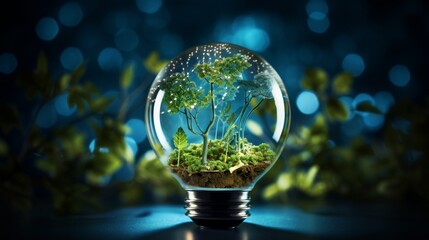 Glass globe with a glowing filament made of interconnected renewable energy symbols, symbolizing the interdependence of clean power sources