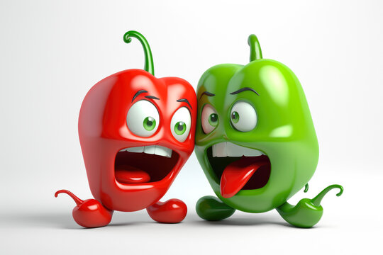two Cartoon jalapeno characters, one green and one red