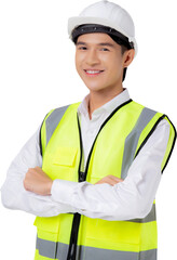 Portrait engineer young asian man wearing helmet standing and smiling with confident, handsome male is architect or contractor arms crossed, industrial concept.
