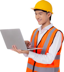 Portrait young asian engineer man looking laptop computer for planning, architect or contractor check and diagnostic for inspection with notebook, industrial concept.