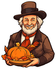 Thanksgiving Sticker with Cute cartoon Illustration - obrazy, fototapety, plakaty