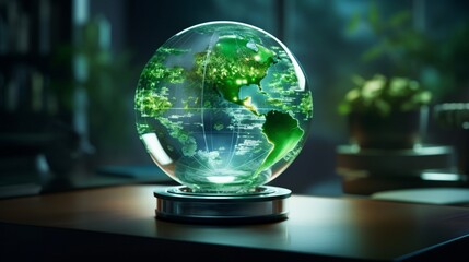 Glass globe with a holographic display of innovative green energy inventions, highlighting technological advancements in the field - obrazy, fototapety, plakaty
