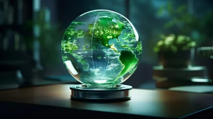 Fotobehang Glass globe with a holographic display of innovative green energy inventions, highlighting technological advancements in the field © Tahir