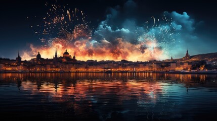 Fototapeta na wymiar fireworks in the gaps in the buildings and beautiful sea water at night