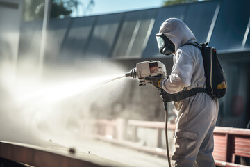 Industrial building worker using a spray cleaner to clean surface. Creative concept of professional cleaning service for industrial enterprises.
