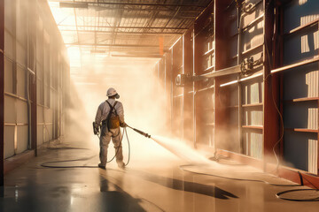 Industrial building worker using a spray cleaner to clean surface. Creative concept of professional cleaning service for industrial enterprises.
 - obrazy, fototapety, plakaty