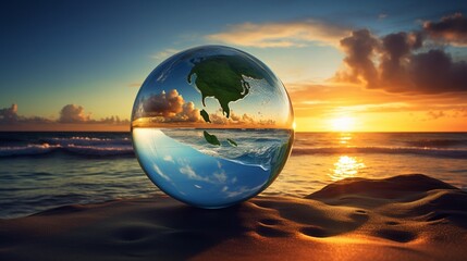 An image of a glass globe floating above a serene ocean at sunset, with wind turbines and solar panels visible on the horizon, symbolizing the beauty of marine and solar energy
