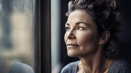 Fototapeta na wymiar Beautiful woman in her 40s looking out of her window. Female Portrait, waiting next to window. 