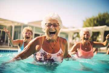 Active aging. Energetic group of senior women having fun in the pool