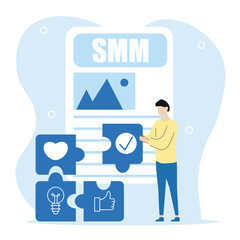 Social media marketing illustration set.The man character makes a marketing plan in social media and analyzes the client's opportunities. Vector illustration.