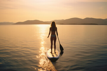 Back view of a young girl standing sapa riding on the water with paddle in hand. Summer swimming on a sap board.
