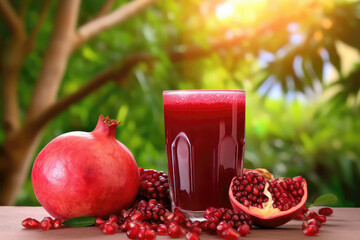 Obraz na płótnie Canvas A glass of tangy pomegranate juice with a vibrant pomegranates fruits and garden with tree in the Blurred background. 