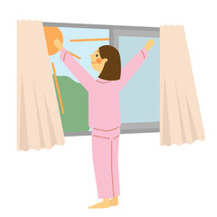 パジャマで朝日を浴びる女性